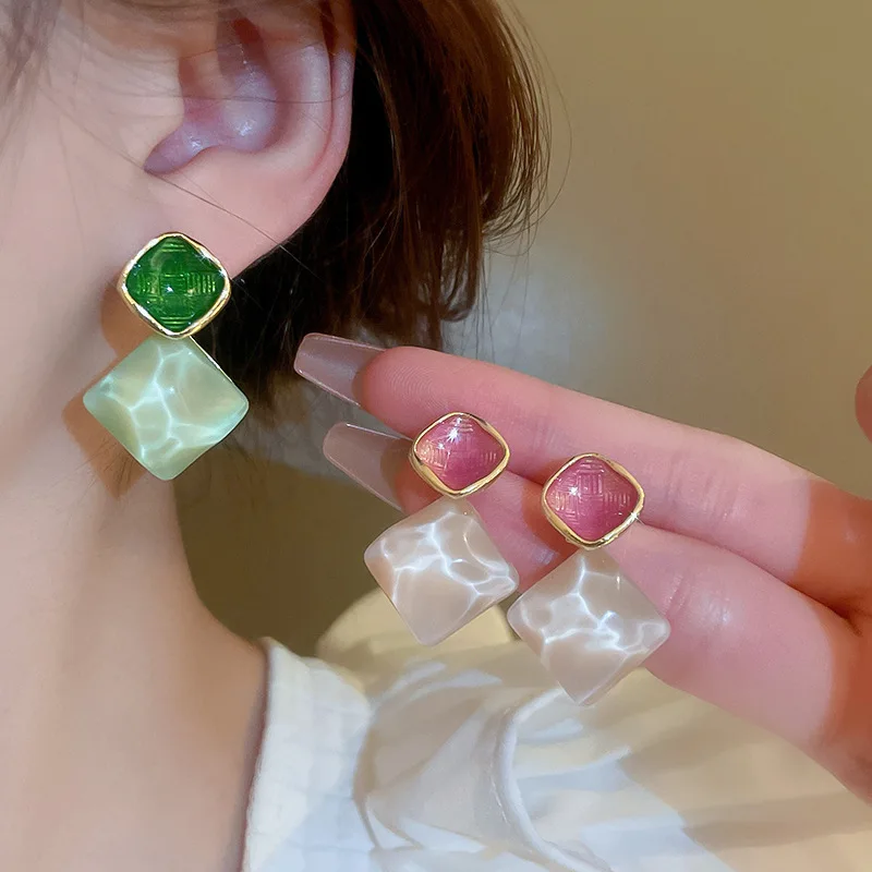 New Geometry Rhombus Drop Earrings Green Pink Acrylic Square Beads Dangle Earrings for Women Wedding Party Trendy Jewelry Gift