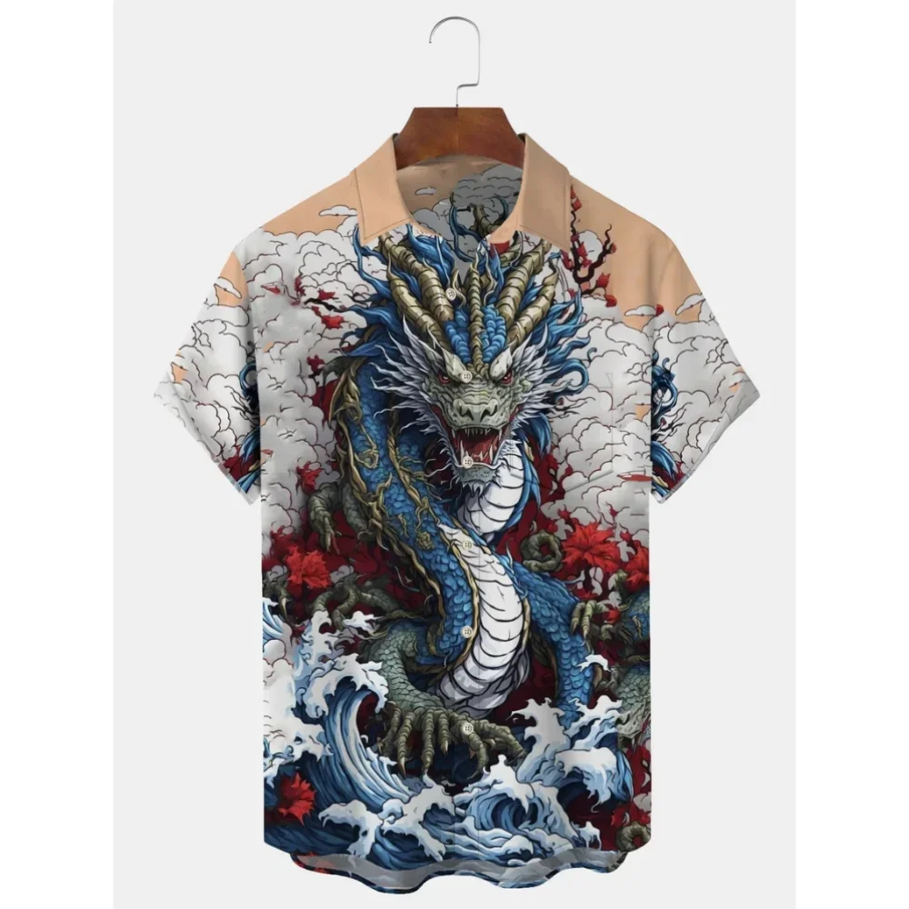 2024 China Dragon Men\'s 3d Printed Shirt Street Hawaiian Shirt Men\'s Daily T-shirt Animal Wolf Casual Shirt Men\'s Fashion Men\'s