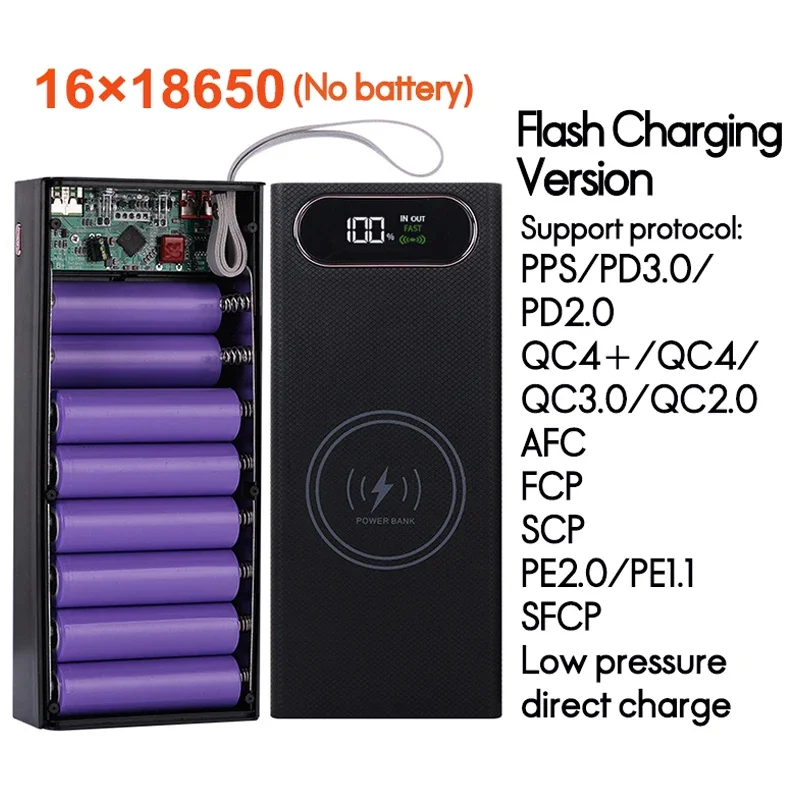 QC3.0 PD 20 واط فلاش شحن انفصال قوة البنك حالة 12/16 18650 بطاريات نوع C مع صندوق تخزين شحن لاسلكي 15 واط