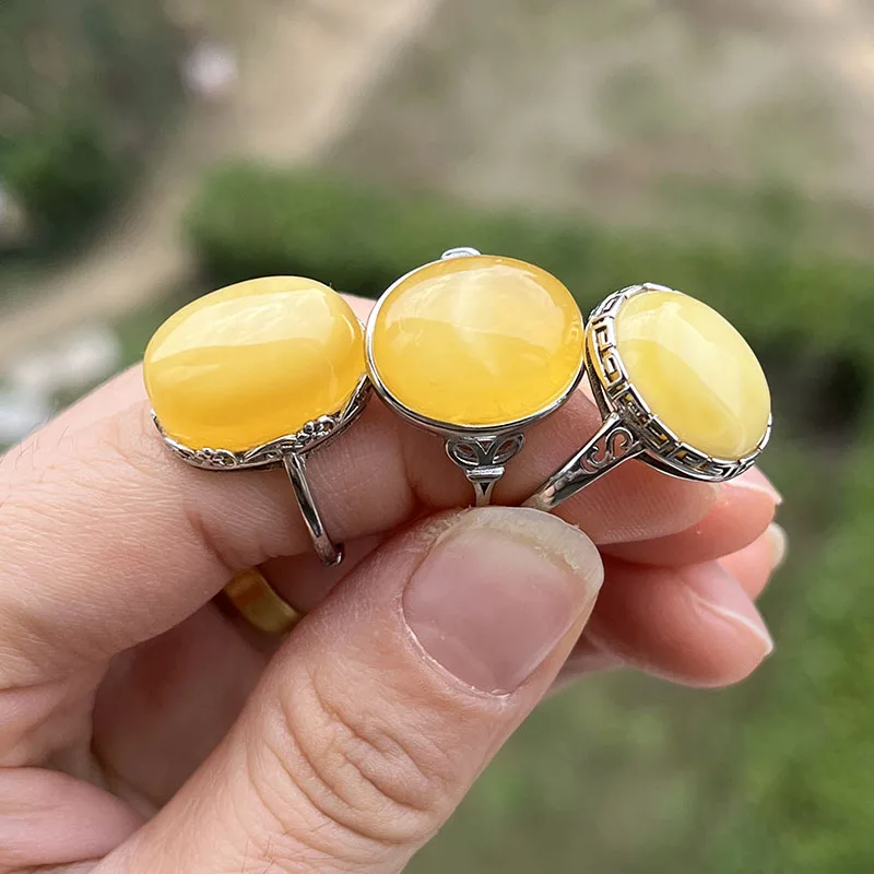 Yoowei Natural Amber Rings for Women Honey Ring S925 Silver Oval Party Casual Gift Unique Beads Baltic Amber Jewelry Wholesale