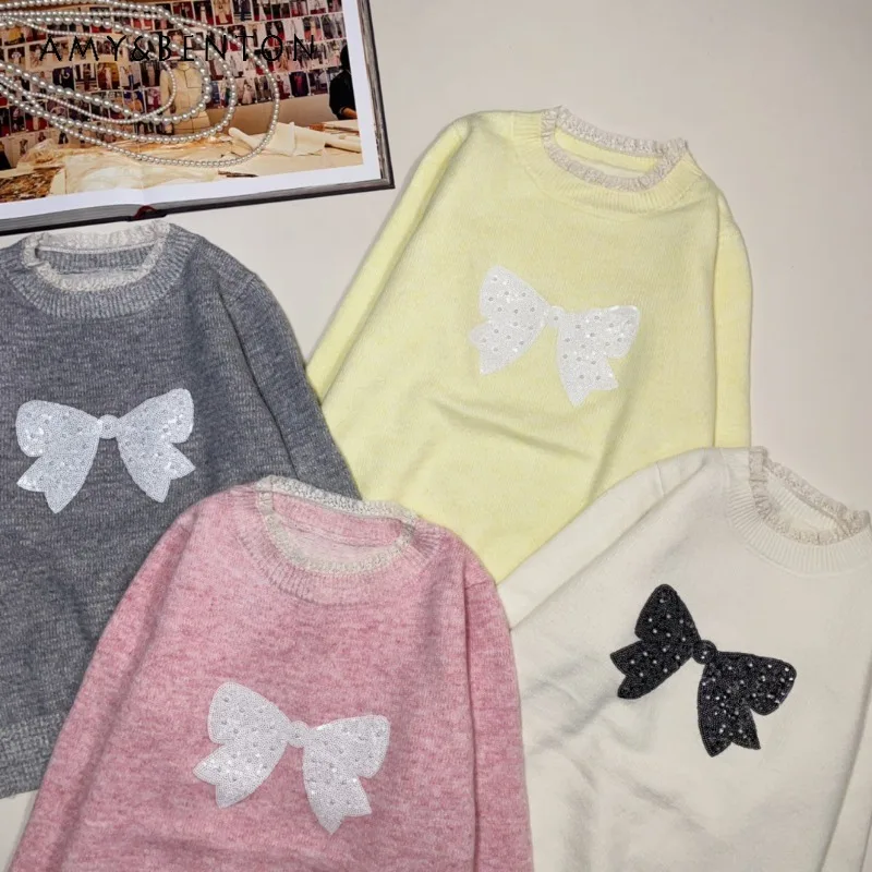 2024 Autumn New Sweet Girl Pink Jumpers Lace Collar Sequined Bow Fashion Versatile Pullovers Knitted Sweater For Women's Clothes