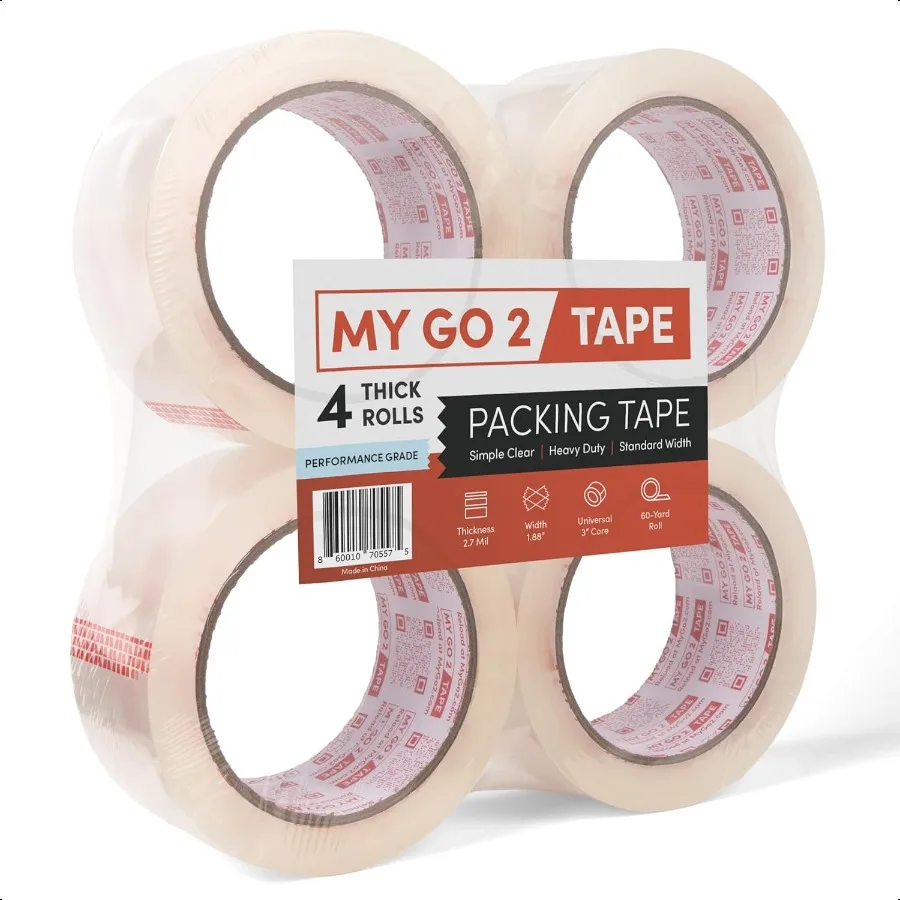 

My Go 2 Heavy Duty Packing Tape 4 Pack 60 Yard Rolls Clear 2.7 MIL Carton Tape Refill for Shipping Mailing Packaging and Moving