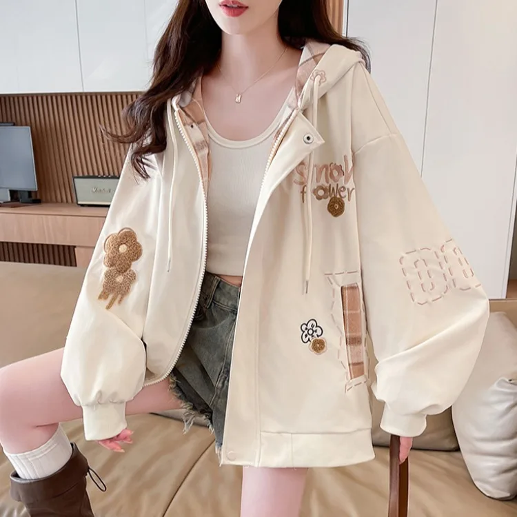 カジュアルスタイル刺繍チェック柄ジャケットルーズフィット春秋着用中学生向けカレッジスタイル野球ユニフォーム