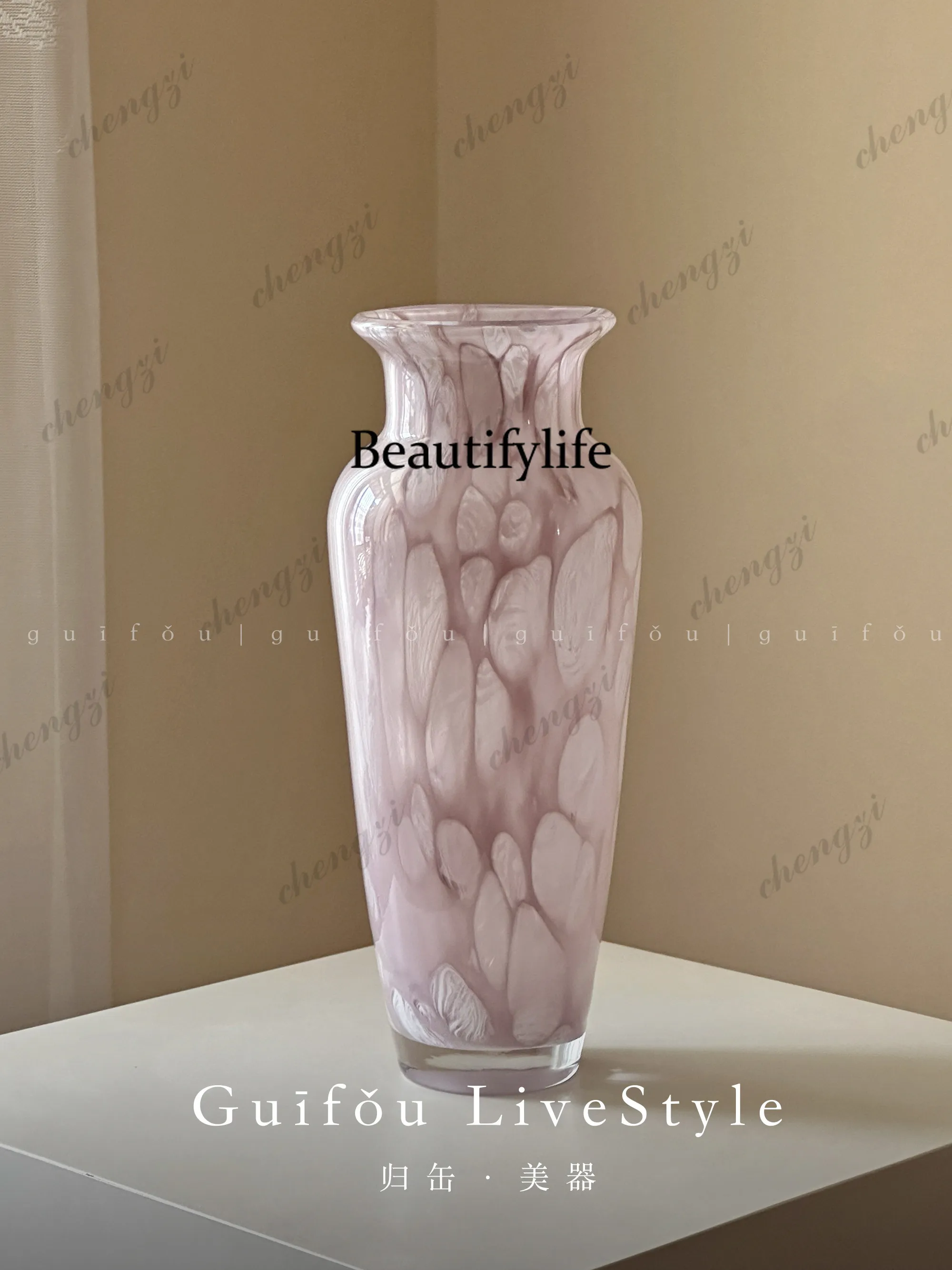 New Chinese light luxury high-end glazed pink blue plum vase living room flower arrangement