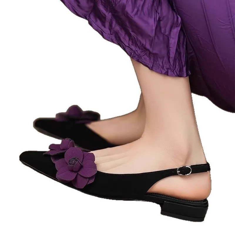 Flower Heeled Sandals Women's Pointed Toe Elegant Heels Shoes New Sexy Slingback Slippers Suede Fashion Party Mujer Sandalias - view 6
