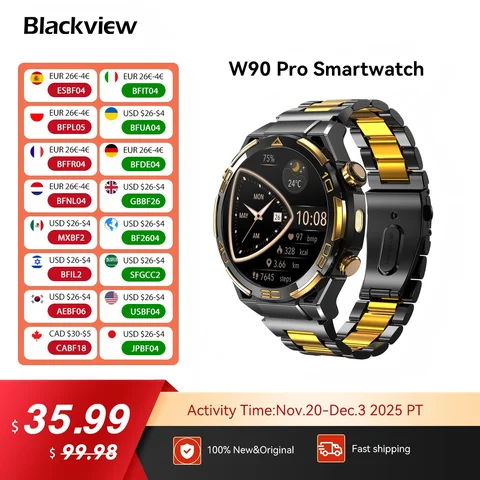 블랙뷰 W90 프로 아웃도어 스마트워치, GPS 탑재, 1.43인치 AMOLED 디스플레이, 900mAh/20일 대기, 방수 스포츠 시계 (남성용)