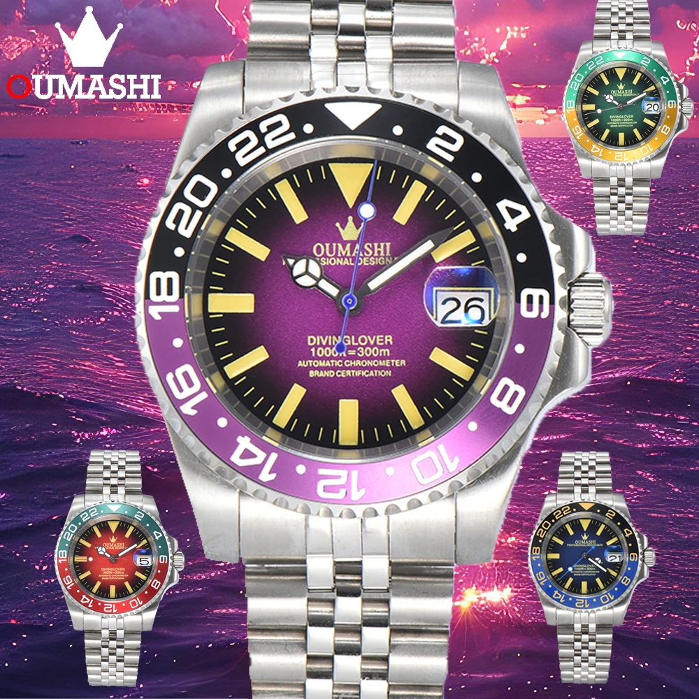 OUMASHI 40mm NH35 Automatic Mechanical Watch Gradient Luminous Stainless Steel Case Sapphire Glass and 10bar Water Resistance