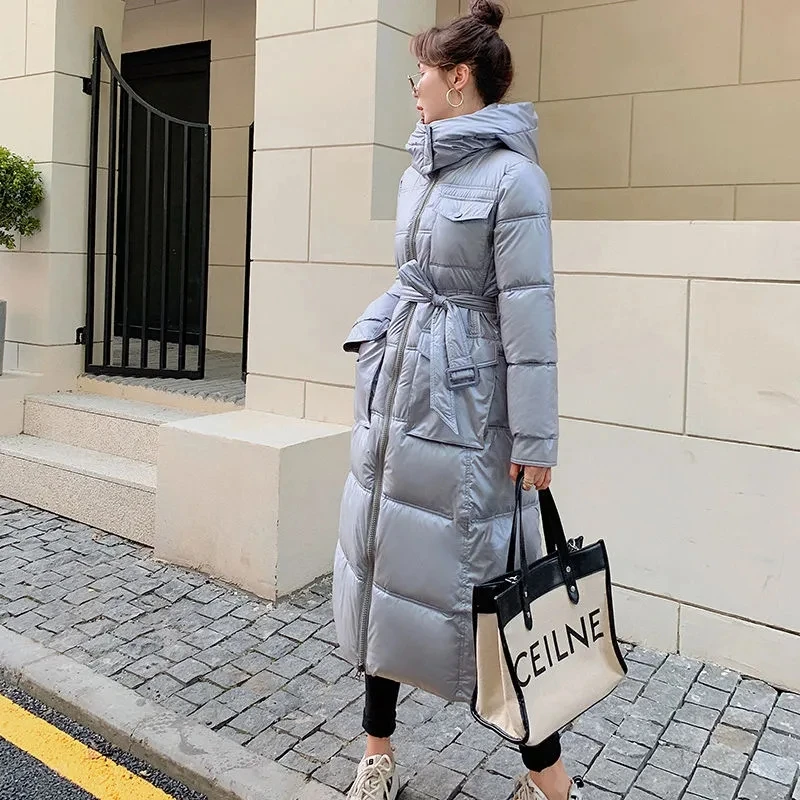 Jaqueta de inverno das mulheres roupas 2025 nova moda magro versátil para baixo casaco de algodão feminino tamanho grande sobre o joelho longo com capuz parkas