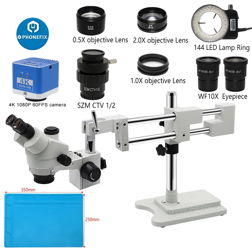 Simul Focal Trinocular Microscope Set for Industrial Lab Phone Watch Repair with Double Boom Arm Base and 4K 38MP 48MP Camera