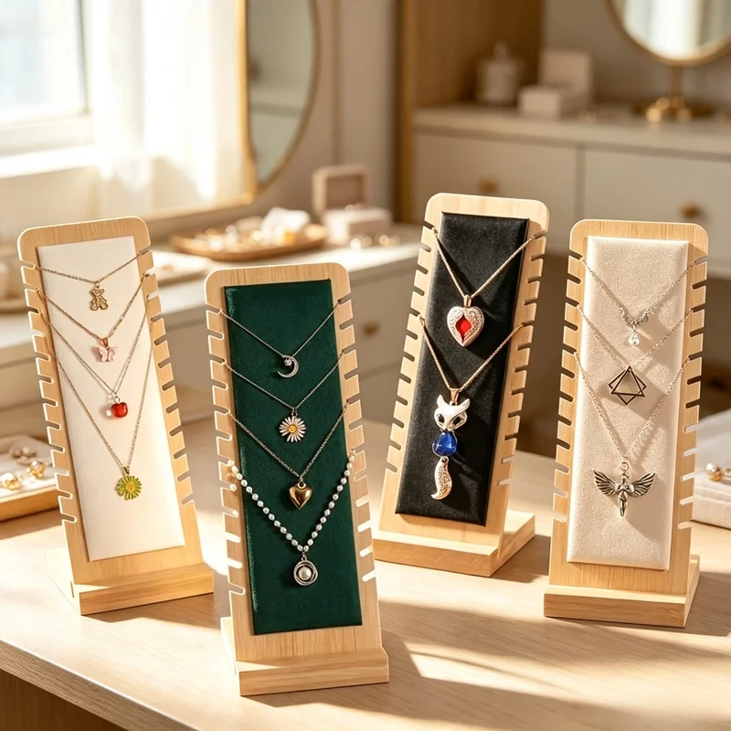 Bamboo Wooden Multiple Necklace Display Stand Jewelry Easel Showcase Holder For Necklaces Storage