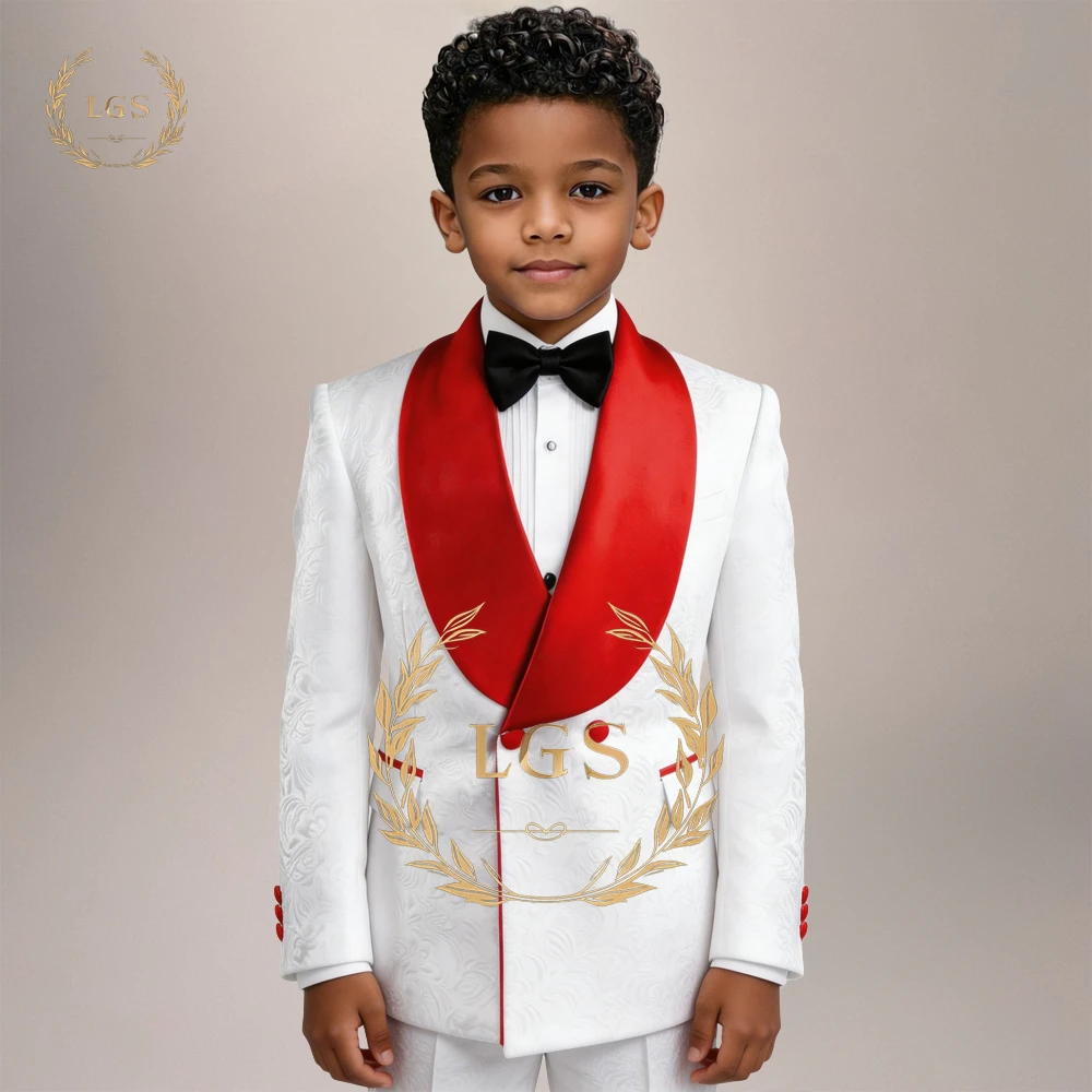 

Boys' 2-Piece Jacquard Tuxedo Set – Shawl Lapel Blazer with Red Trim & Matching Trousers for Weddings & Events