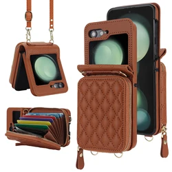 Crossbody Zipper Cards Slot Leather Case for Samsung Galaxy Z Flip 7 FE 6 5 4 3 Flip7 Flip6 Long Lanyard Pocket Bag Wallet Cover