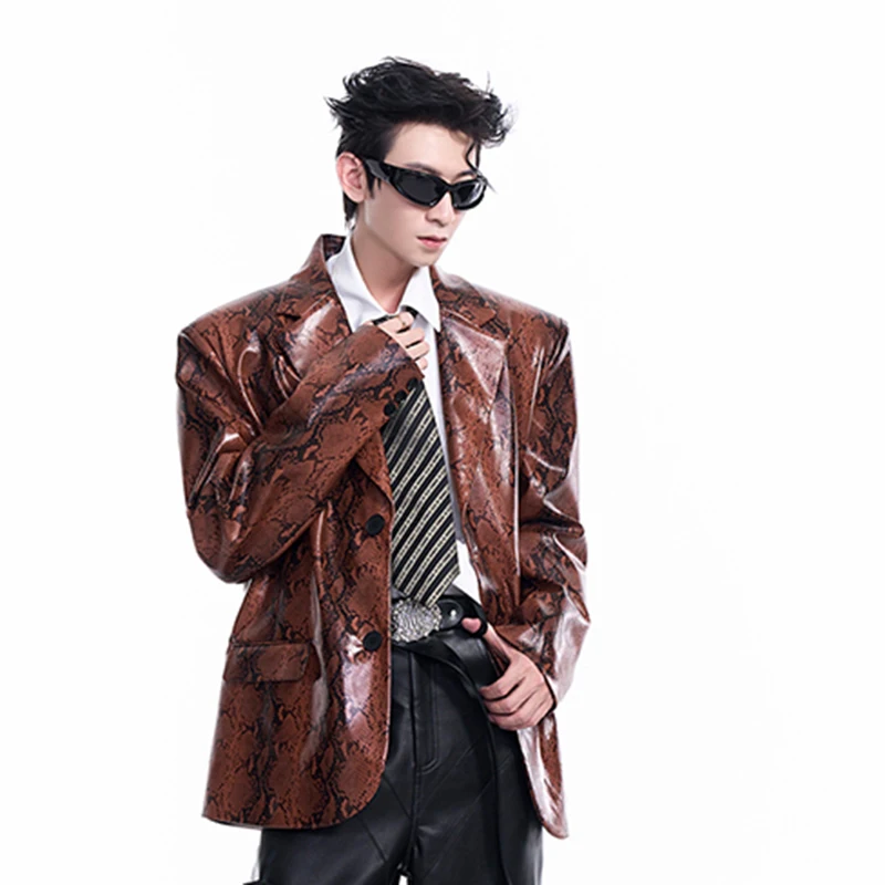 FEWQ PU Leather Men's Coat Autumn Winter Suit Single Breast Long Sleeve Patchwork Korea Fashion Male Blazer Loose 24E2121