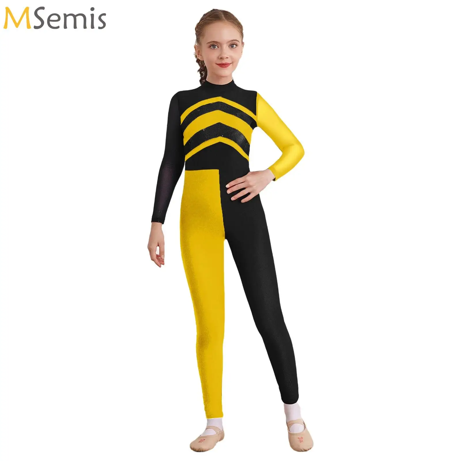 

Girls Figure Skating Dance Jumpsuit Shiny Sequins Color Block Gymnastics Full Body Leotard Ballet Unitard Ballerina Costumes
