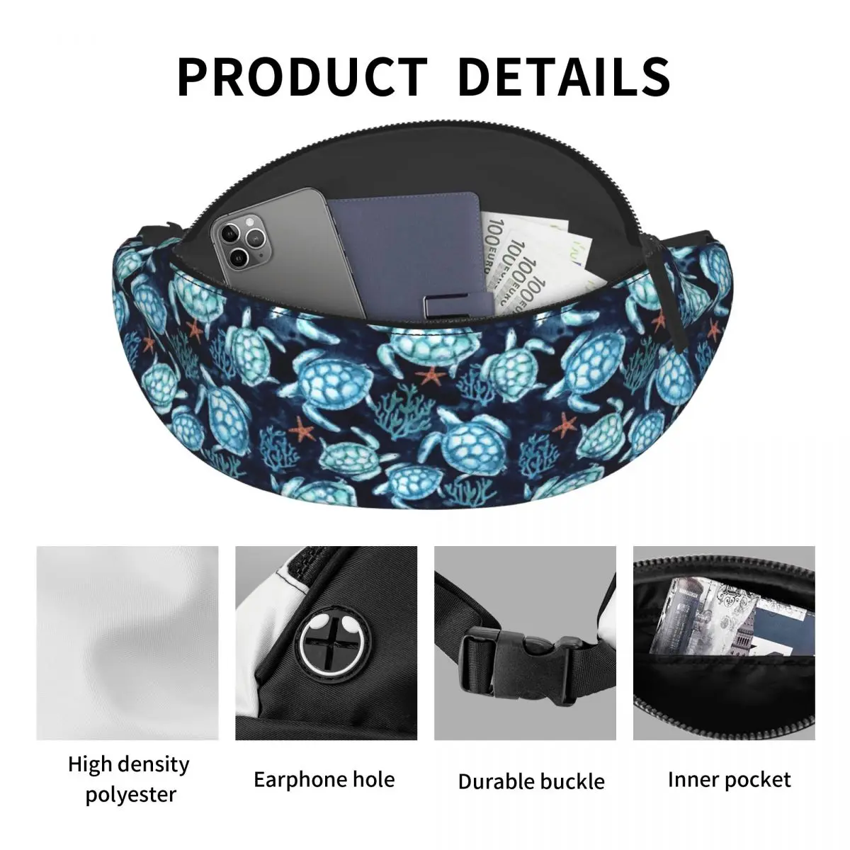 Casual Ocean Blue Turtles Fanny Pack para mulheres e homens, bolsa de cintura crossbody, animal marinho, viagem, ciclismo, bolsa de dinheiro do telefone