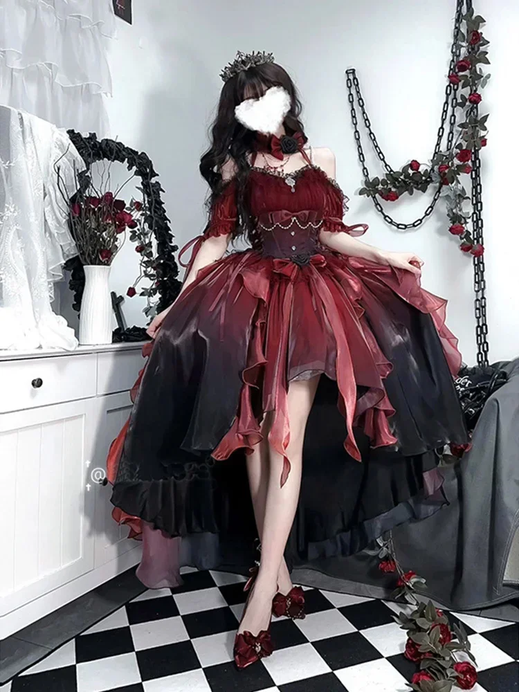 Robe de Mariée Rouge à Fleurs Sombre, Cosplay de Princesse Lolita Bouffante, 2025