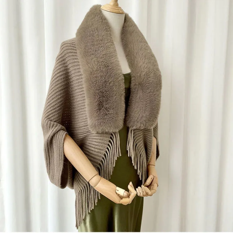 Women Winter Knitted Shawl With Faux Fur Collar With Tassel Female Elegant Poncho Long Warm Wraps Cloak Cape Tops