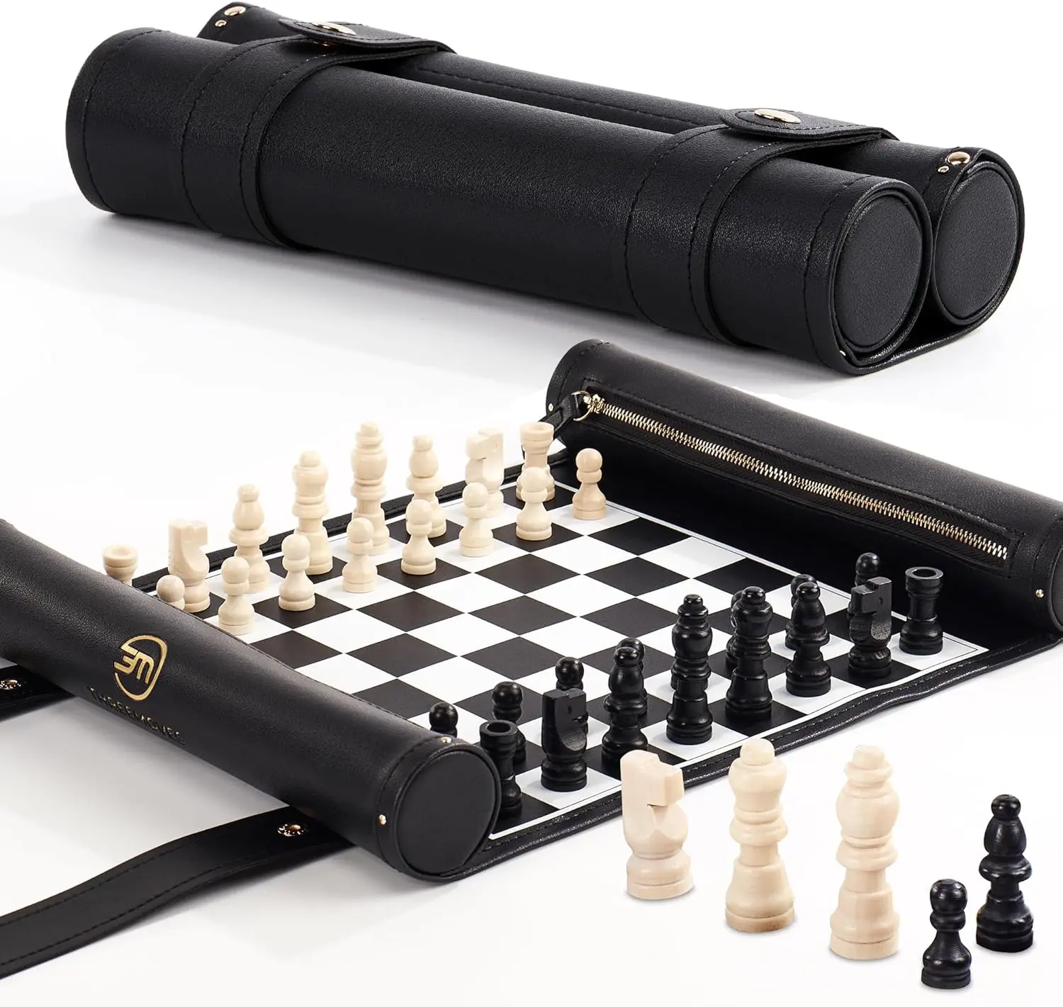 

Roll Up Chess Set 11' Foldable Leather Mat with Wooden Pieces - Portable Travel Chess Game with Straps - Black