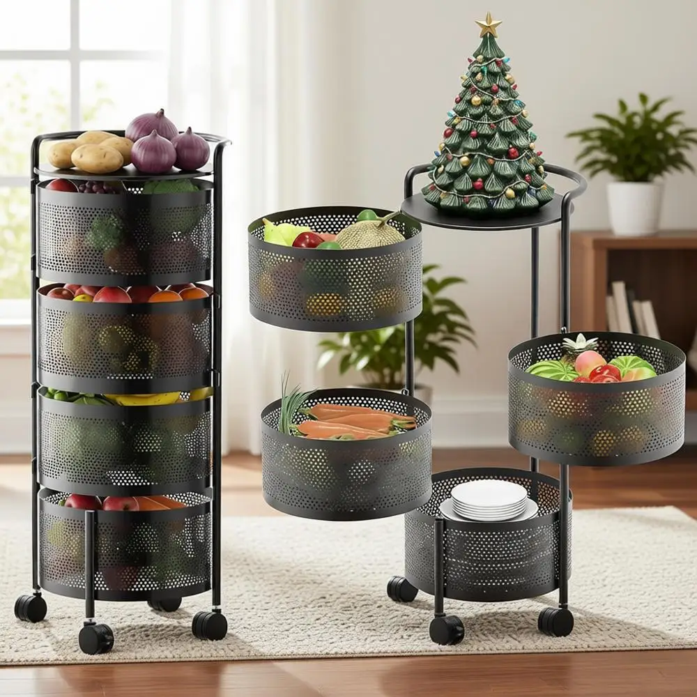 

4-уровневая металлическая тележка для хранения на кухне с колесиками и съемными корзинами для фруктов, овощей и продуктов