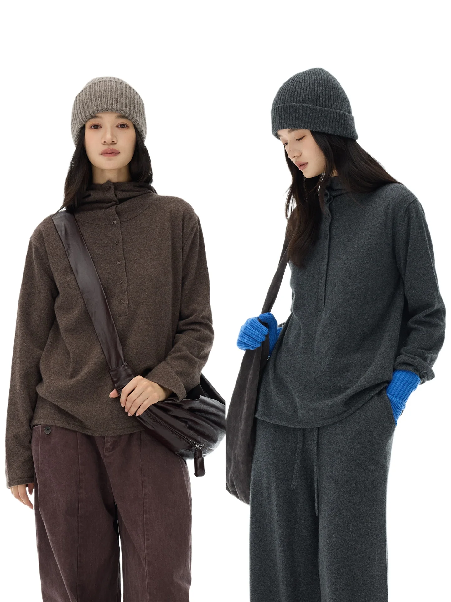 

Женский вязаный свитер с капюшоном, воротником-стойкой и полузакрытым воротником «Хенли», из чистого кашемира класса А, повседневный, свободного кроя