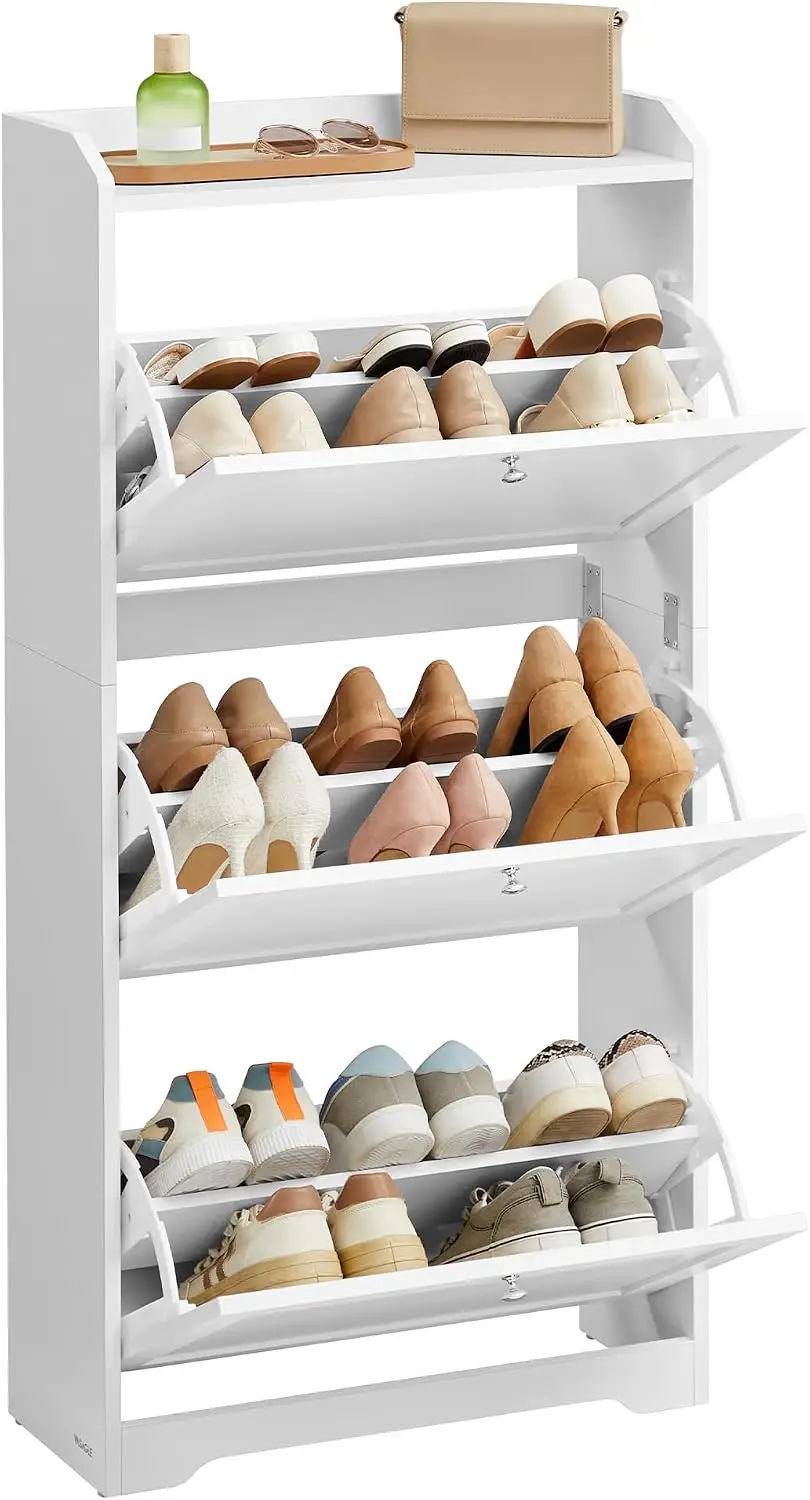 Space-Saving Shoe Organizer Cabinet with Three Flip-Out Drawers, Stores 12–20 Pairs