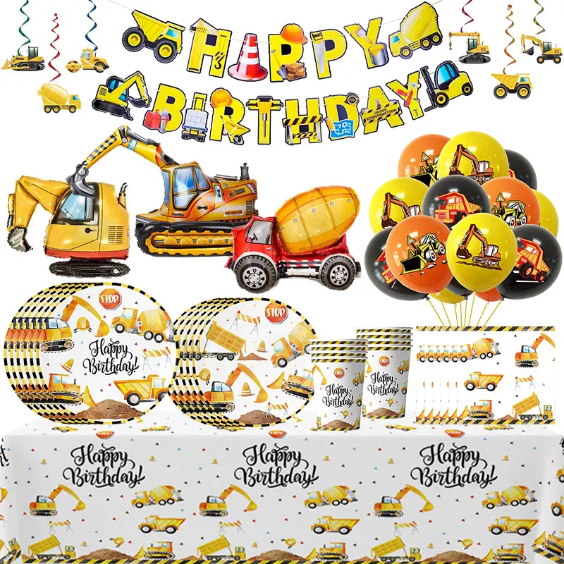 Décoration de fête d'anniversaire pour chantier de Construction, ensemble de vaisselle, tasses, assiettes, bannière à ballons, sacs cadeaux d'arrière-plan, fournitures de fête pour enfants garçons