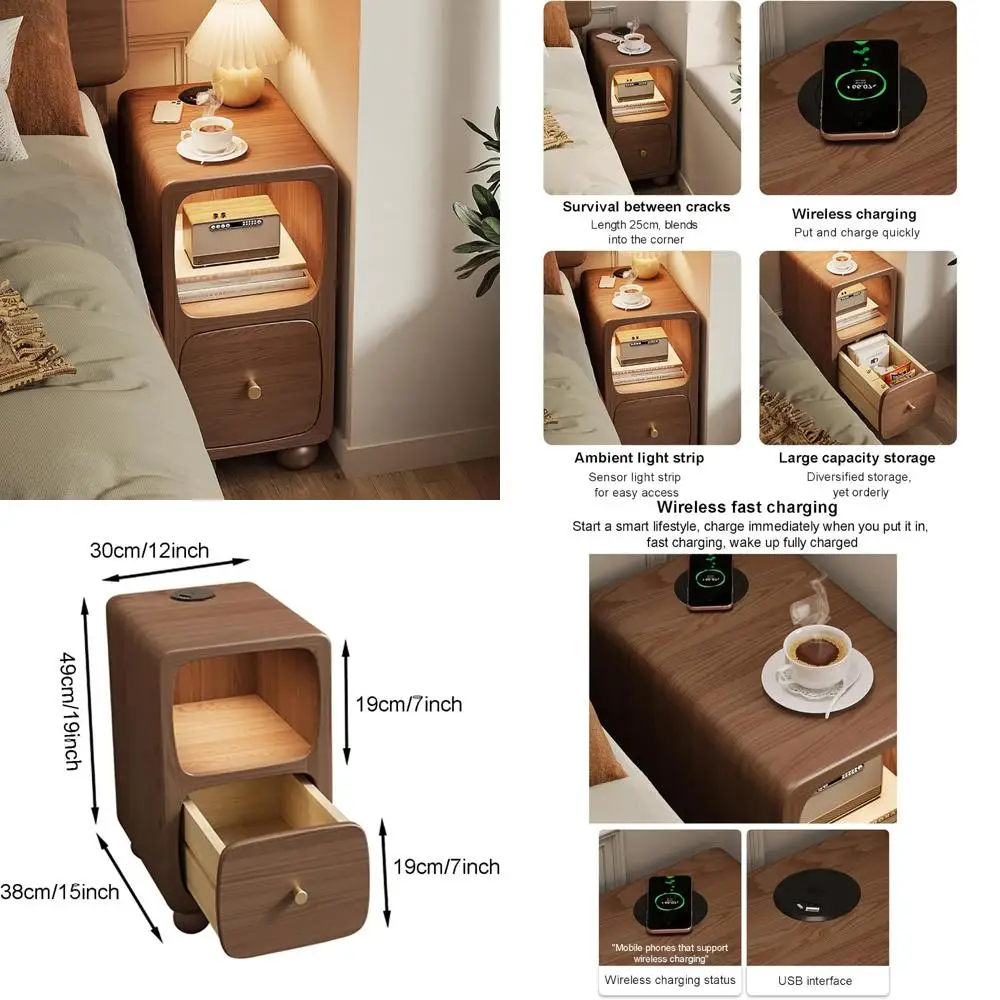contemporary slimline nightstand with wireless charging and storage drawer