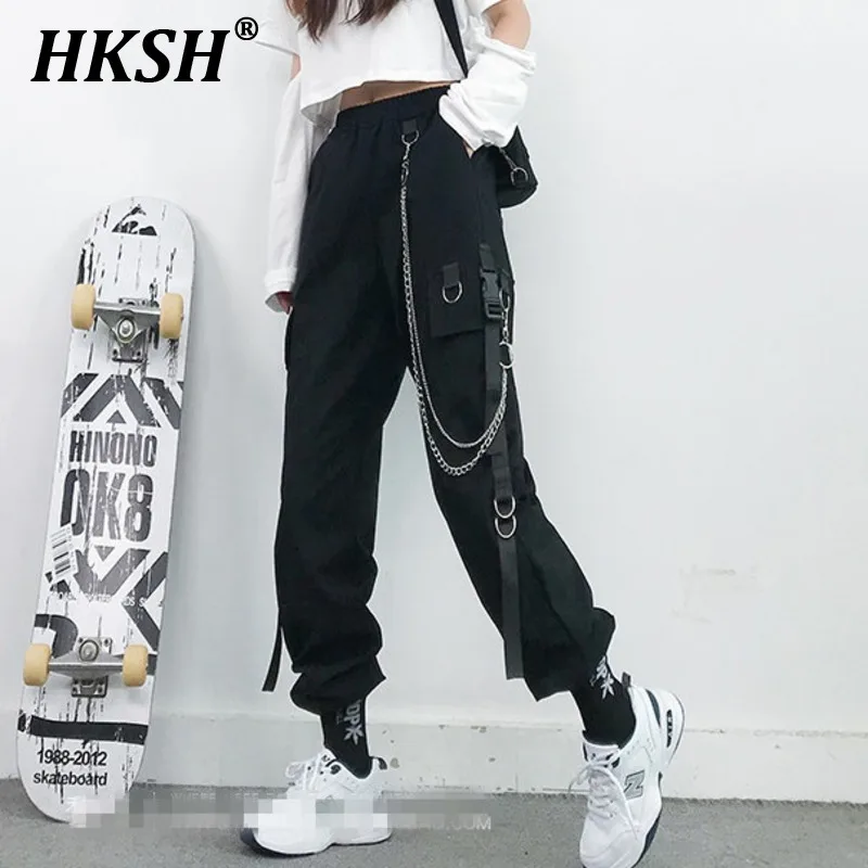 

HKSH Men's Tide Dark Legged Overalls Thin High Waist Autumn Spring Cargo Pants Women Straight Korean Chic Chain Trousers HK2275