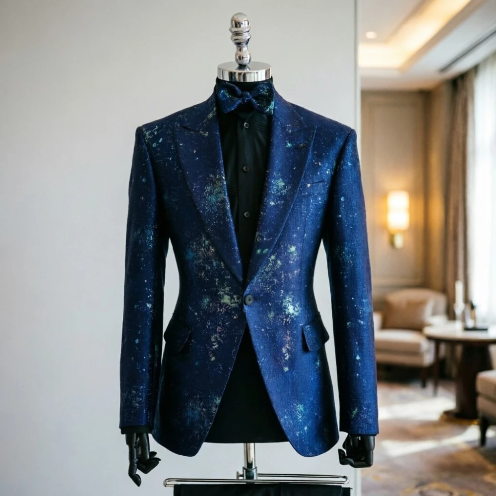 

Floral Men Suits Premium Navy Blue Abstract Floral Slim Fit Wedding Tuxedo Formal Blazer with Pants for Business Party Event
