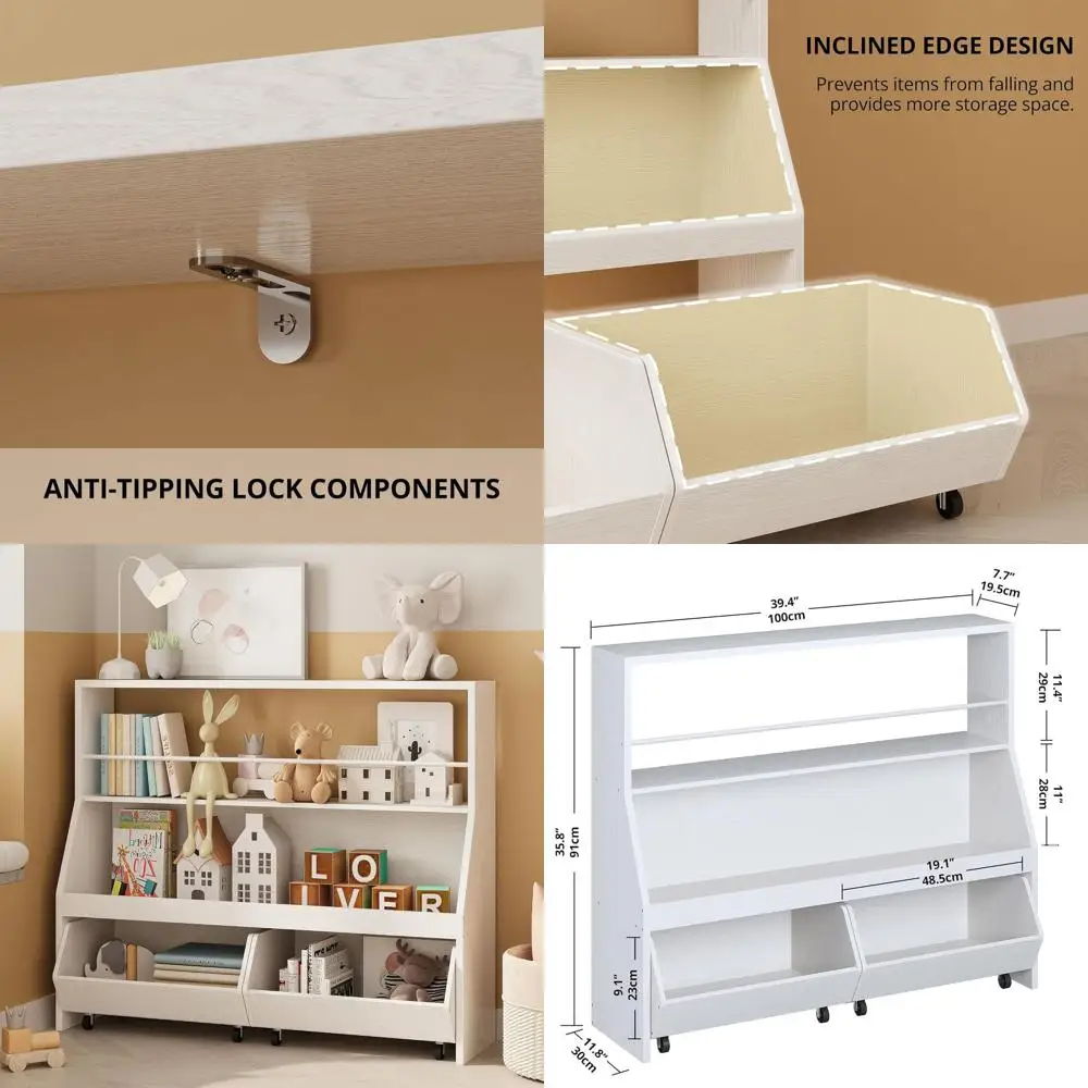 Estantería infantil blanca con 2 cajones ajustables, almacenamiento de juguetes de nivel superior, organizador de sala de juegos