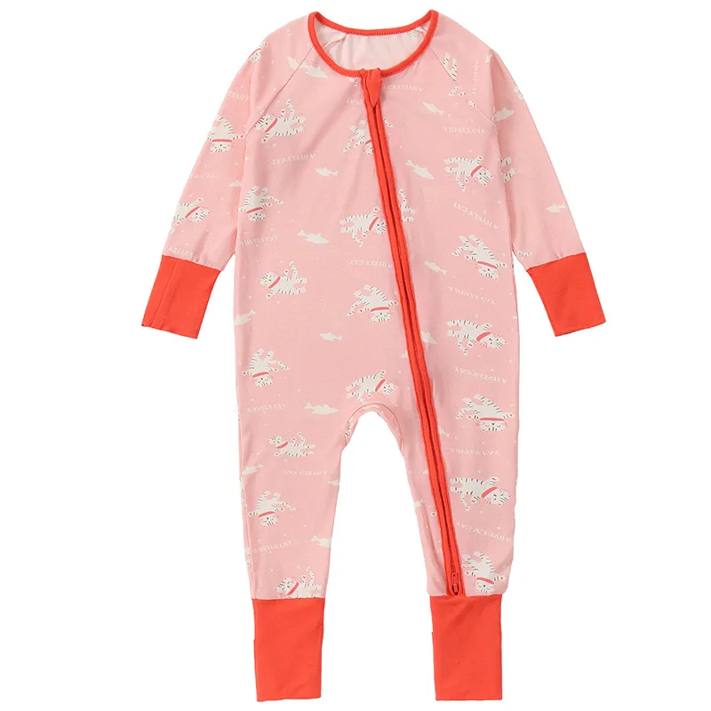 Bamboo Fiber Newborn Baby Pajamas Cute Cartoon Print Diagonal Zipper Onesie Long Sleeve Footie Rompers Soft & Cozy Toddler Pjs view 4