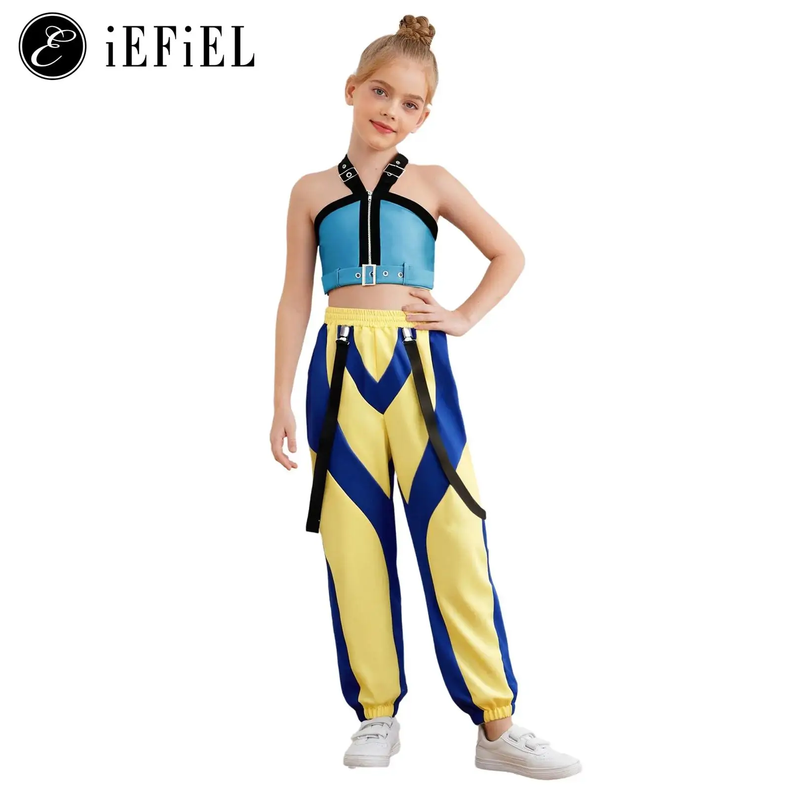 

Girls Demon Singer Halloween Cosplay Costume Halter Crop Top with Hiphop Dance Pants Popular Star Concert Rave Dance Outfit
