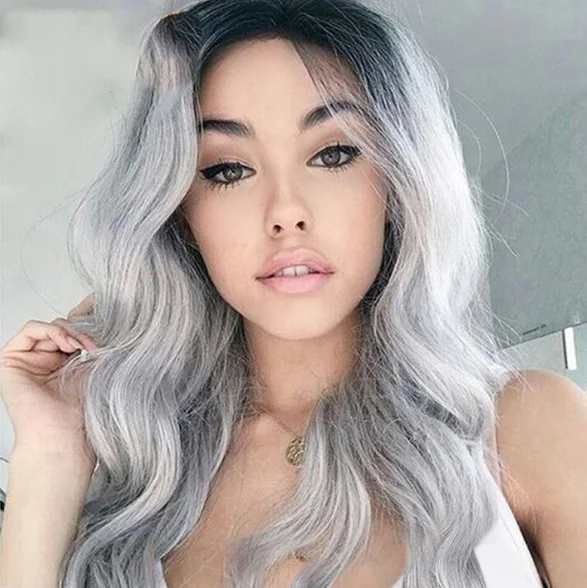 

New large wave wig for women with long curls, black and gray gradually changing color