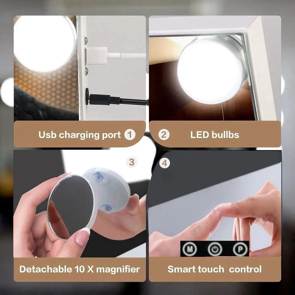 Espejo de tocador LED de pared de 18,2 x 22,8 con 15 bombillas ajustables, 3 modos de color, aumento de 10X y puerto USB