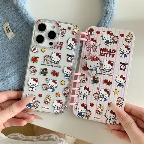 Sanrio 헬로 키티 플립 슬롯 카드 노트북 전화 케이스 iPhone 13 14 15 16 Pro Max 귀여운 만화 충격 방지 보호 커버
