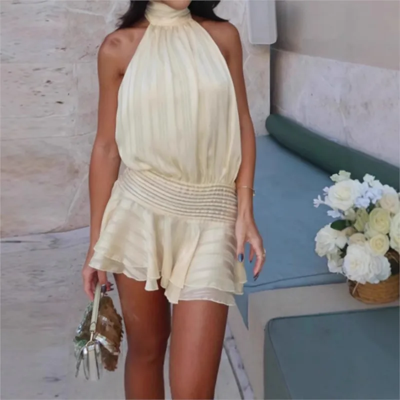 

Sexy Halter Ruffles Mini Dress Women Lace Up Sleeveless Backless Beach Party Dresses 2026 Summer Fashion Vacation Lady Robe