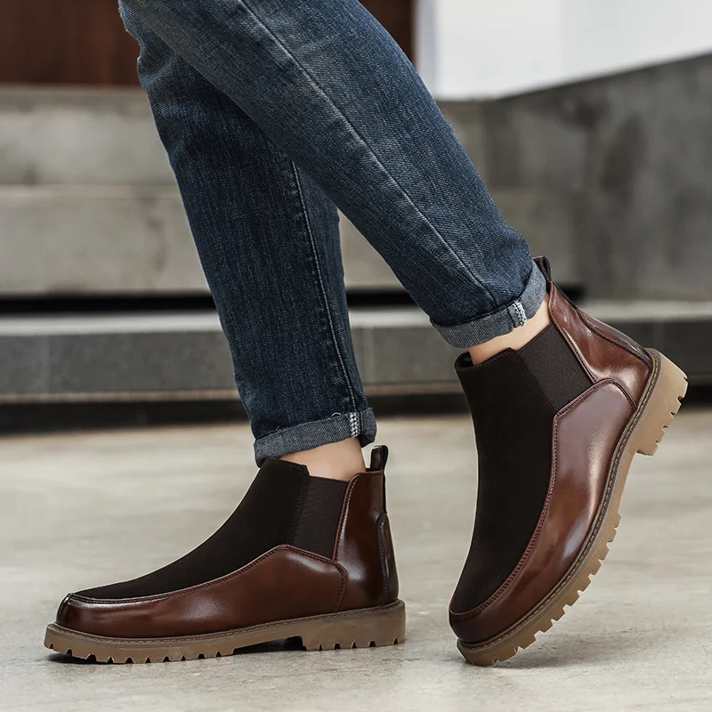 New men's Chelsea boots Fashionable minimalist British style Outdoor leisure business party Daily office dress Brown shoes