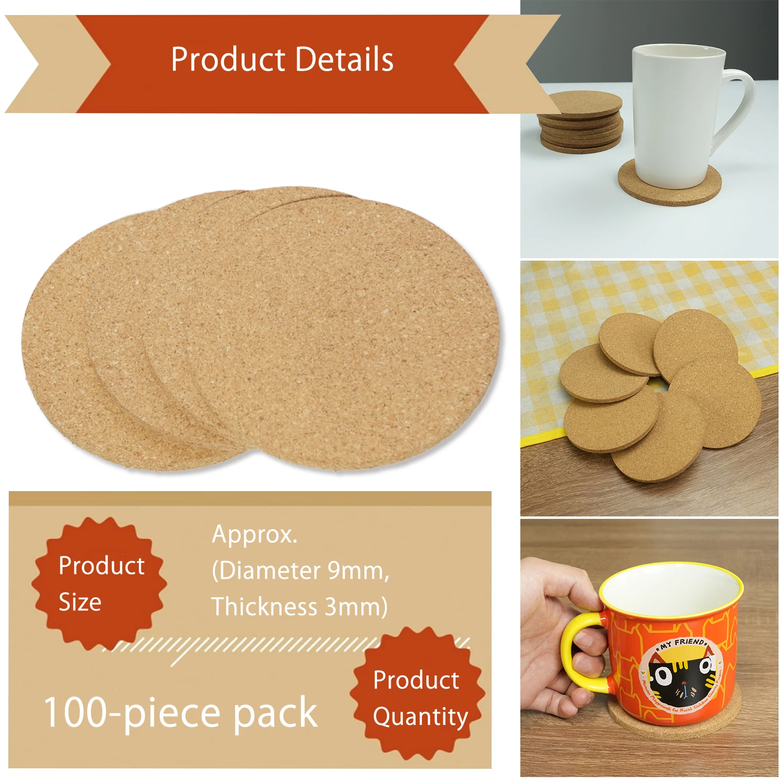 قواعد أكواب من الفلين من مادة النقش Ray Moto مناسبة لآلات النقش والمشروعات التي تصنعها بنفسك قطر 90 مم، سمك 3 مم 100 قطعة