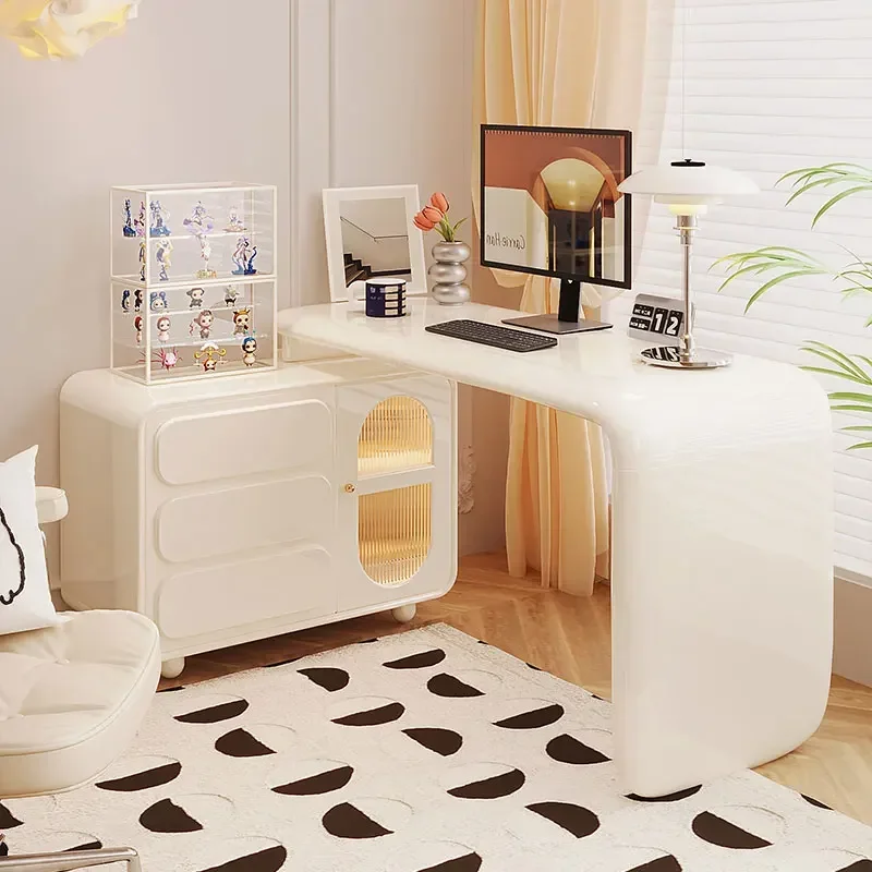 S Cream Style Desk Corner Light Luxury French Style Design Retractable Storage Office Computer Desk
