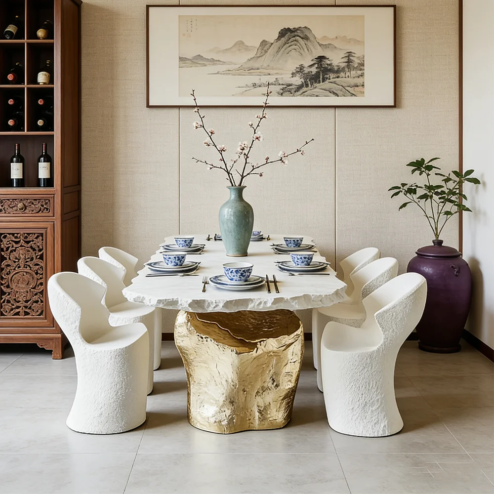S*-Luxury Natural Marble Dining Table Set Raw Edge White Stone Top Gold Foil Designer Villa Home Furniture