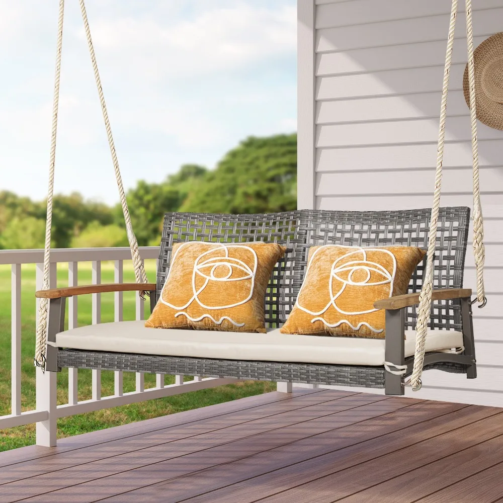

2-Person Patio Wicker Hanging Swing Chair Loveseat Cushion Off White