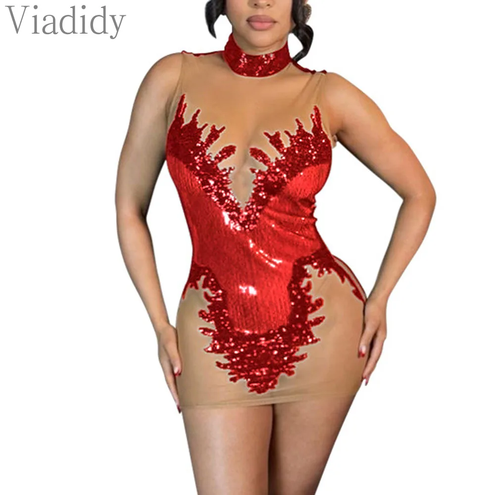 Mulheres sexy cor sólida ver através de malha transparente sem mangas lantejoulas decoração mini vestido