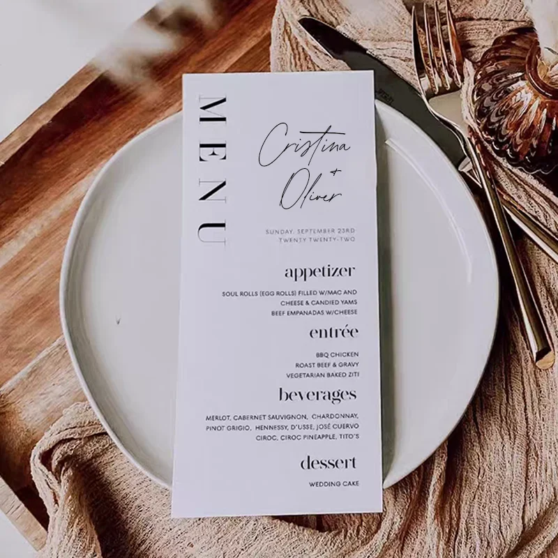 customized simple wedding menu cards, banquet plate card 50pcs personailize engagement party ceremony program greeting cards
