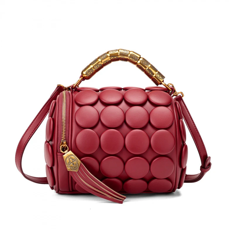 2026 Neues Design Damen Retro-Knopf-Lederhandtaschen Luxuriöse High-End Runde Röhrenförmige Bucket Bag Neue Mode Schulter-Umhängetasche – Detail 18