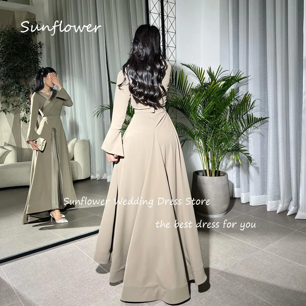 Sunflower Simple V-Neck Pleat A-LINE Formal Evening Dress Saudi Arabia 2024 Slim Crepe Ankle-Length Prom Dress