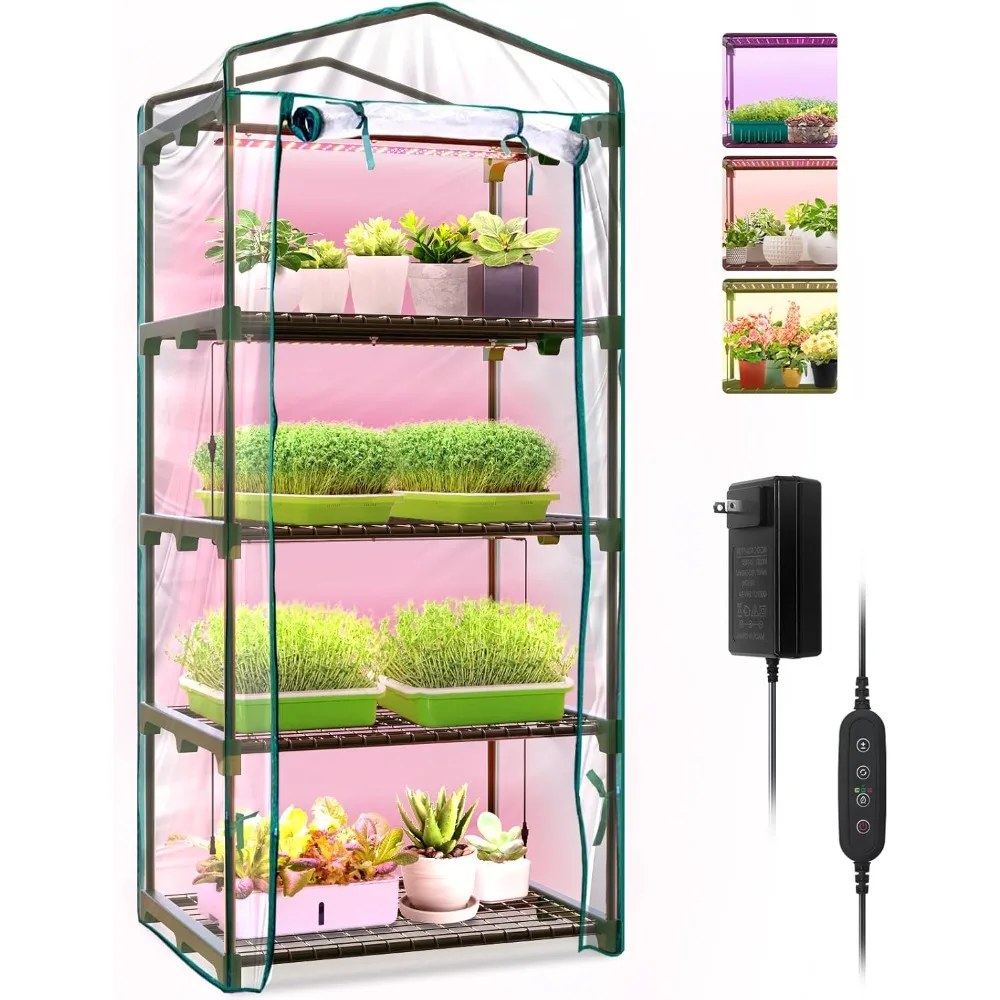 

Mini Greenhouse 4 Tier 27.2" L×19.9" W×61.8" H with Zippered PVC Cover for Seed Starting Trays, Dimmable 2FT 60W Plant Light