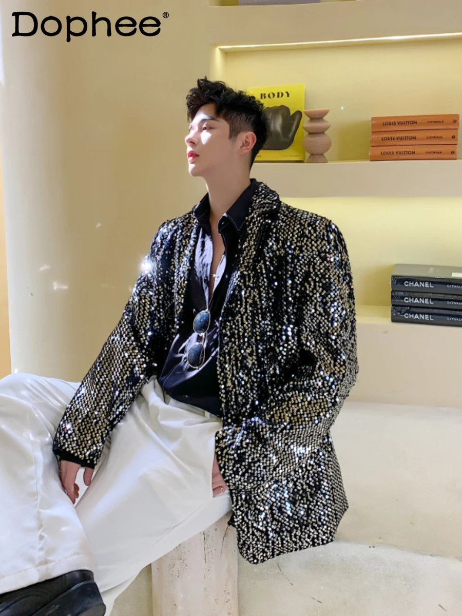 Sequined Suit Men\'s Loose Shiny Top Fashionable Fried Street Coat Personal Trendy Male Long Sleeve Night Club Stage Closing