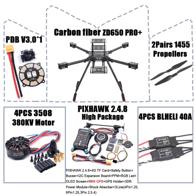 RCtoSky ZD650 PRO+ 650mm Ardupilot Pixhawk カーボンファイバー クアッドコプターフレーム FPV クアッド カーボンファイバー ランディングスキッド モーター 40A ESC付き