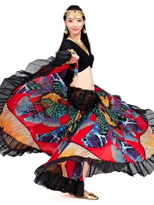 Zigeuner Swing Rok Chiffon Grote Cirkel Buikdans Kostuum Outfit Print Choli Top Wrap Blouse Hoorn Mouw Danser Performance Show