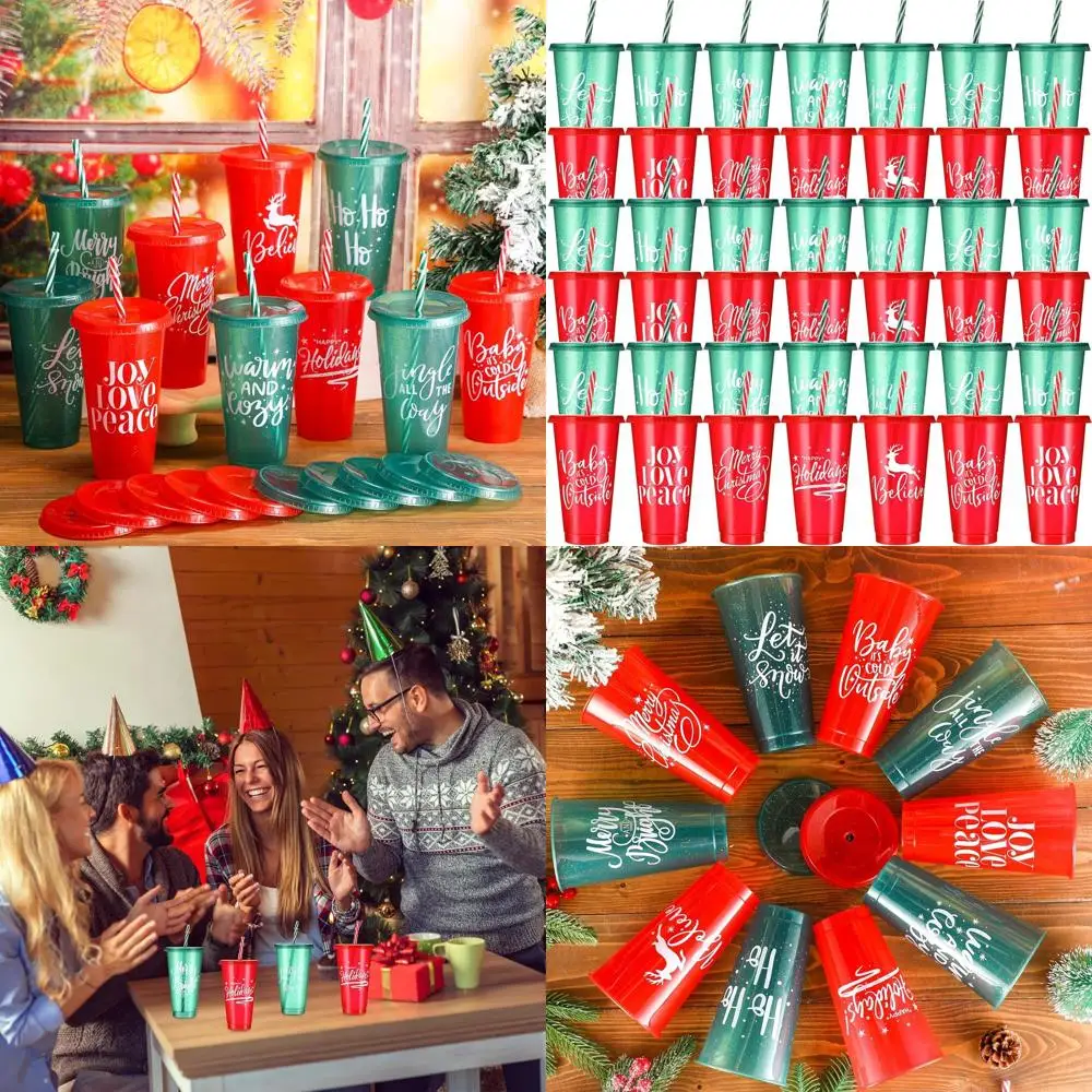 

Set of 50 Reusable 25 Oz Christmas Cups with Lids & Straws, Assorted Styles for Holiday Parties